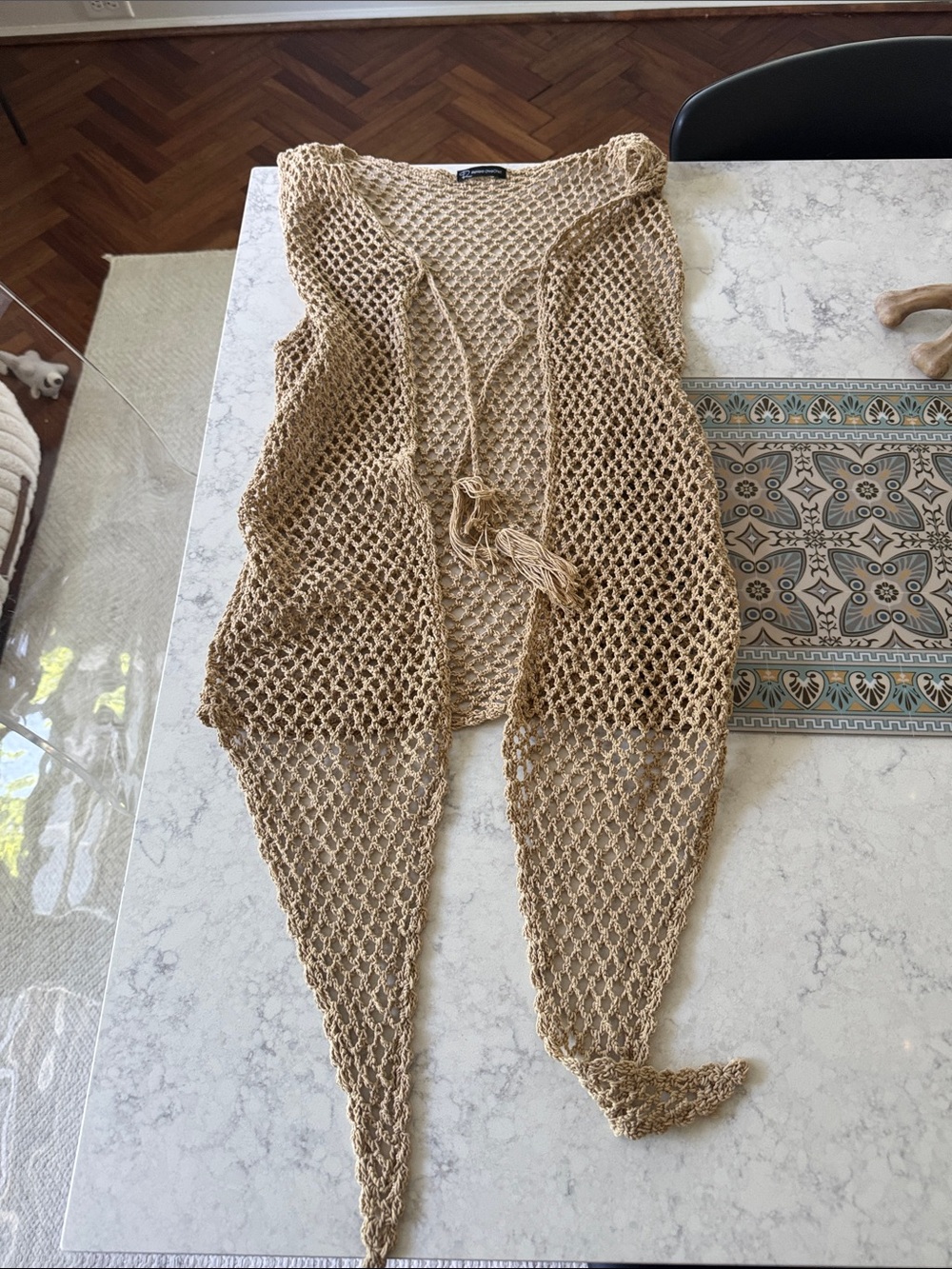 Beige Open-Knit Crochet Vest